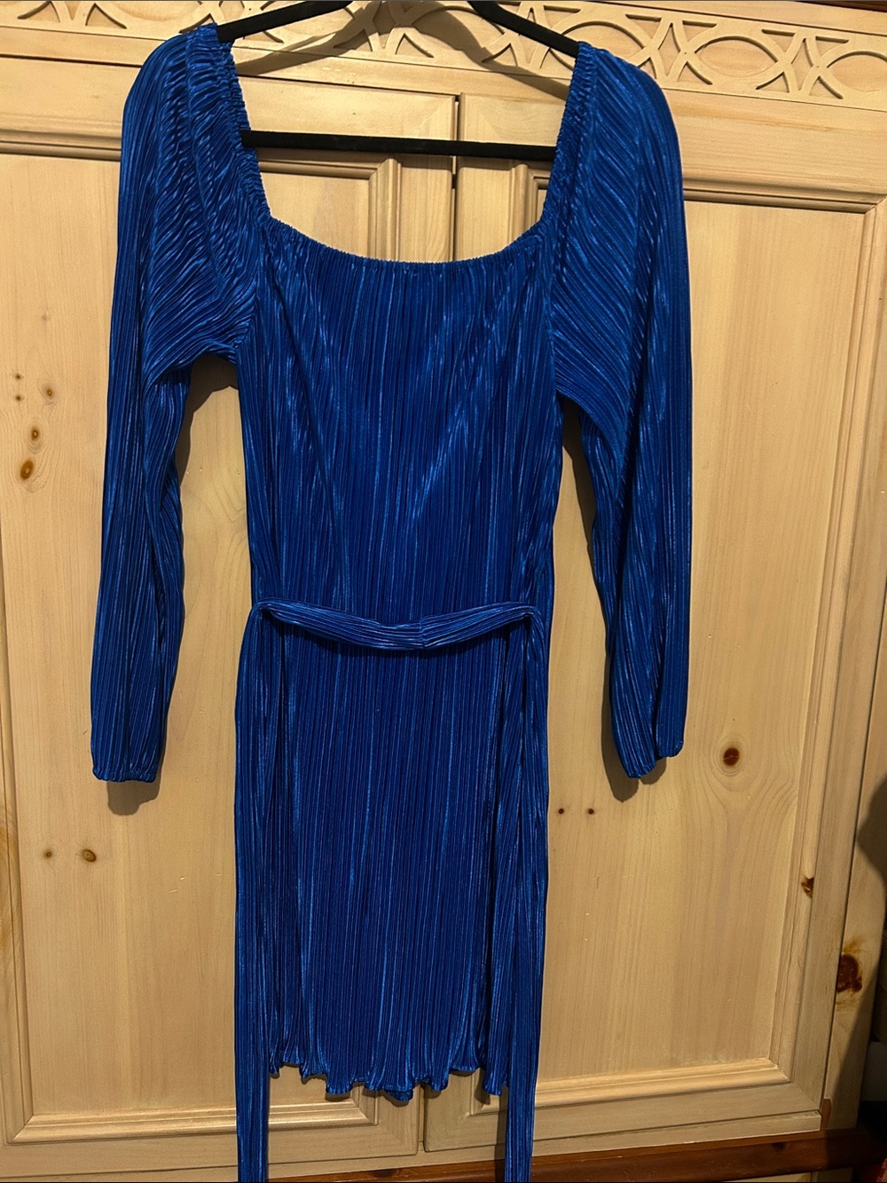 Maison Tara Royal Blue Long Sleeve Pleated Dress with Belt